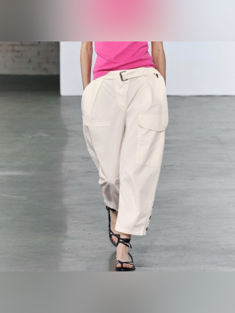 NWT Zara Cream Barrel Cargo Pants Size M Utility Trousers Wide Leg Chic Pants